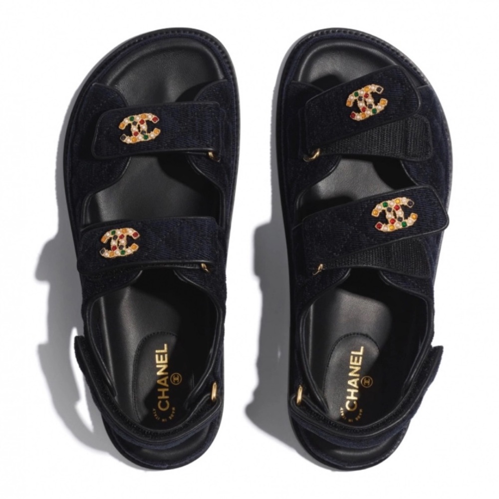 CHANEL Dad Sandals CC brooch logo quilted velour size 38 - Picture 3 of 17
